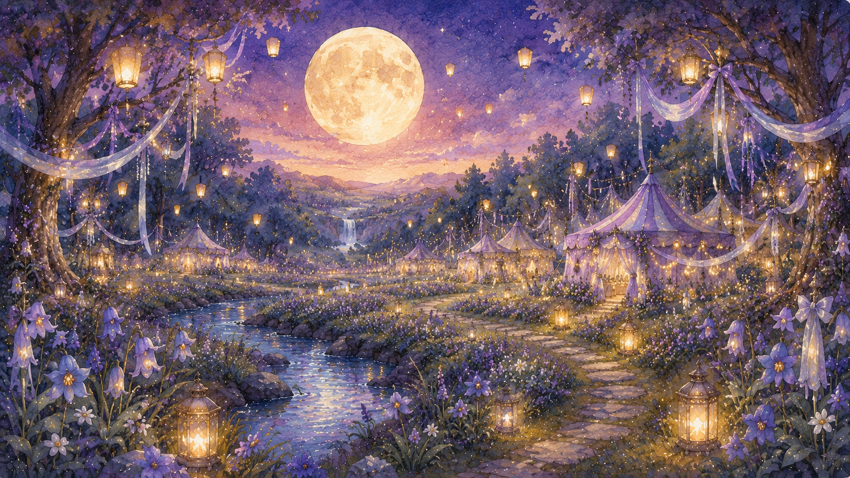 Moonwhistle Meadow glowing with lanterns and moonbell flowers